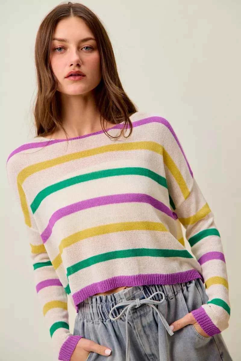 SO ME Mardi Gras Color Stripe Lightweight Sweater Top 332fb68bc4d244a7b0a1c95ad716c3fd-Max-Origin