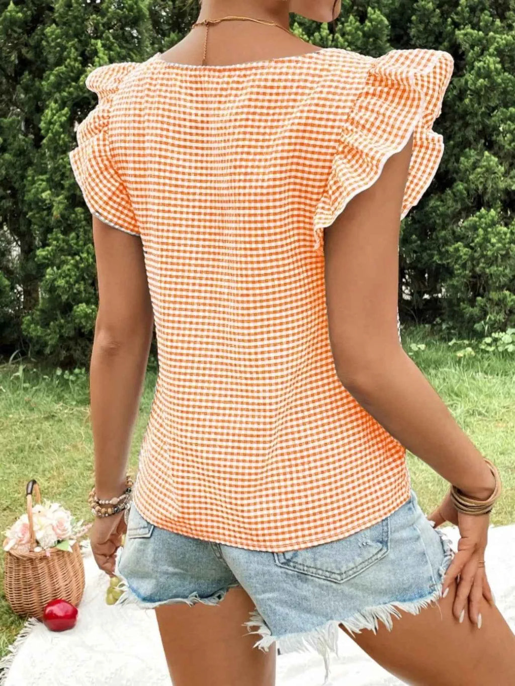 Gingham Ruffle Sleeve Square Neck Blouse 33300543-8310-4a61-9529-e5be659a1872-Max-Origin