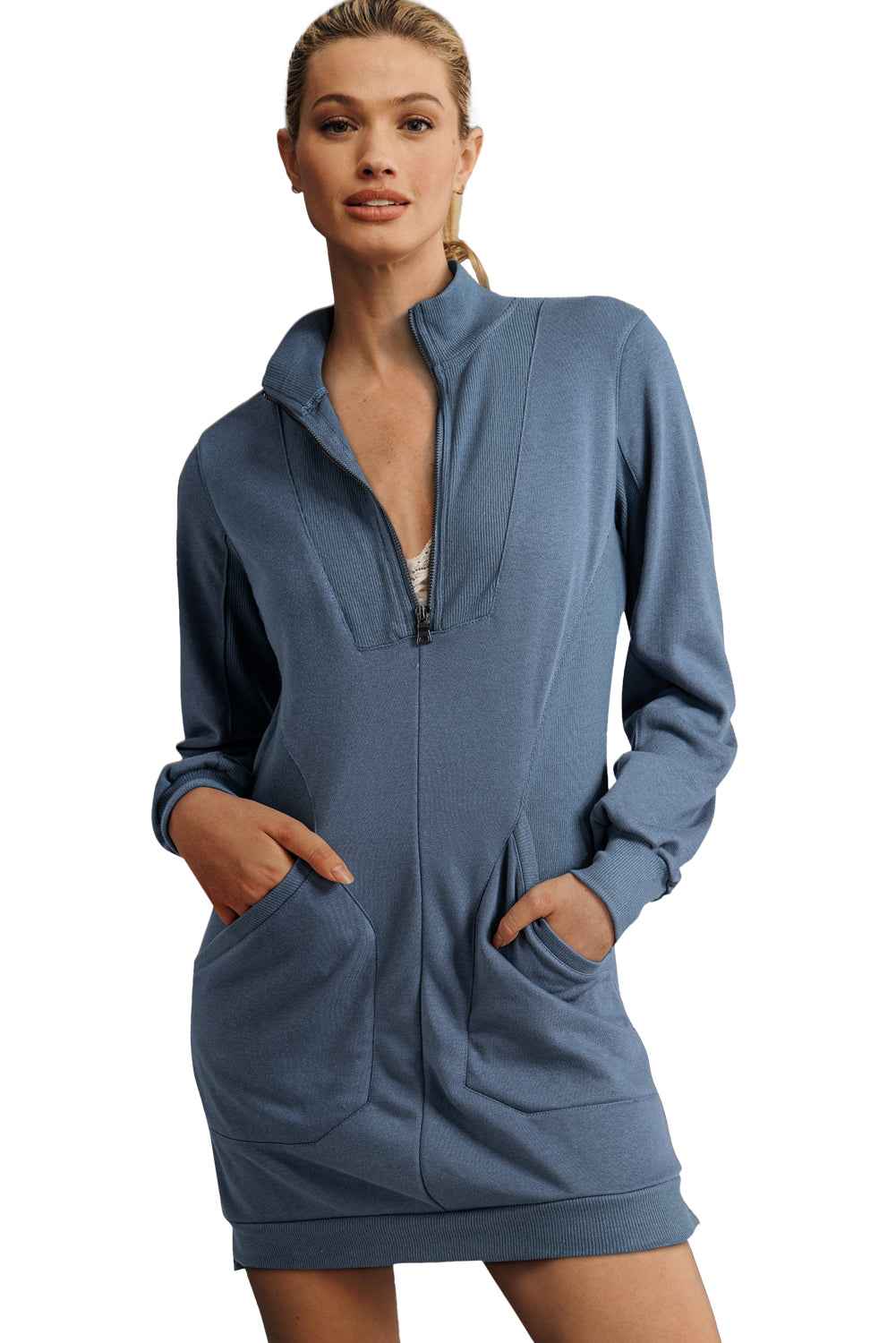 Ivy Zip up Collared Ribbed Patchwork Sweatshirt Dress with Pockets 3331ad36f8cbd864