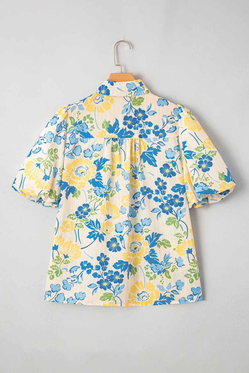 Blue Floral Striped Mixed Print Puff Sleeve Blouse 3334a0b255761951