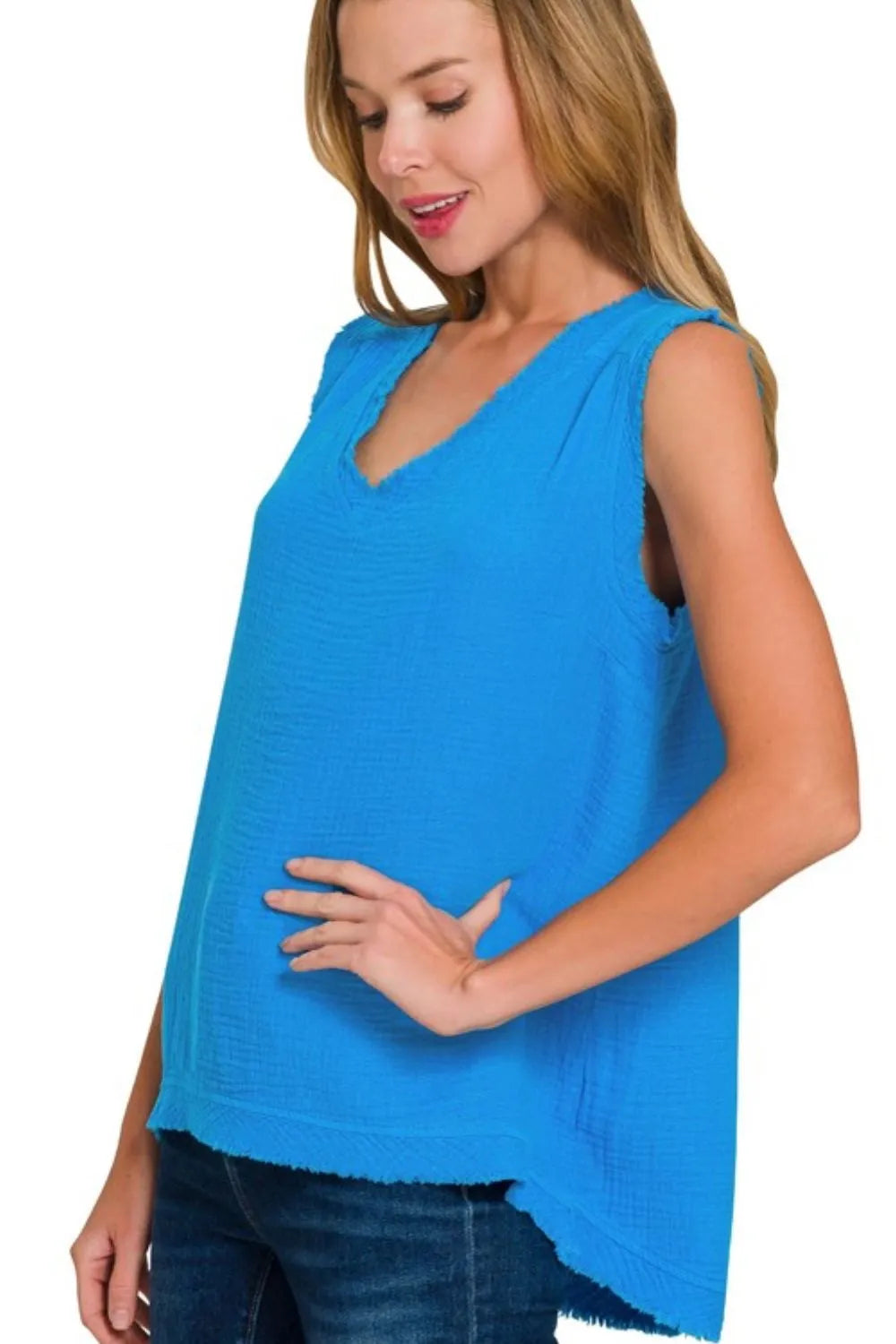 Zenana Double Gauze Raw Edge V-Neck Tank 333900a3-656b-4206-aaf5-990379ab81ad-Max-Origin