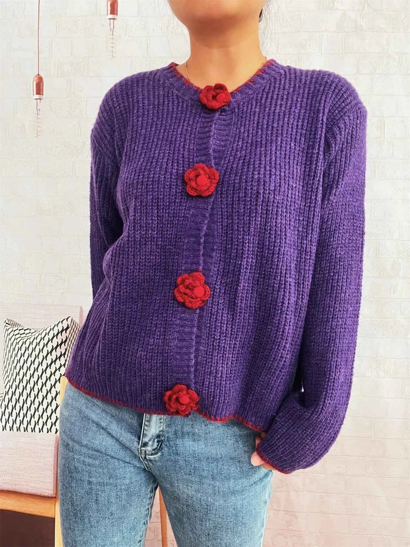 Flower Button Long Sleeve Cardigan Purple One Size 333a75649525441b84df46c4a849924a-Max-Origin