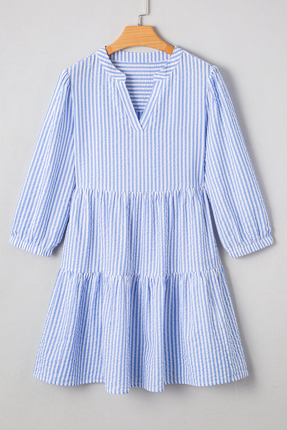 Sky Blue Striped Textured Bracelet Sleeve Tiered Mini Dress 333db243fb55eb59