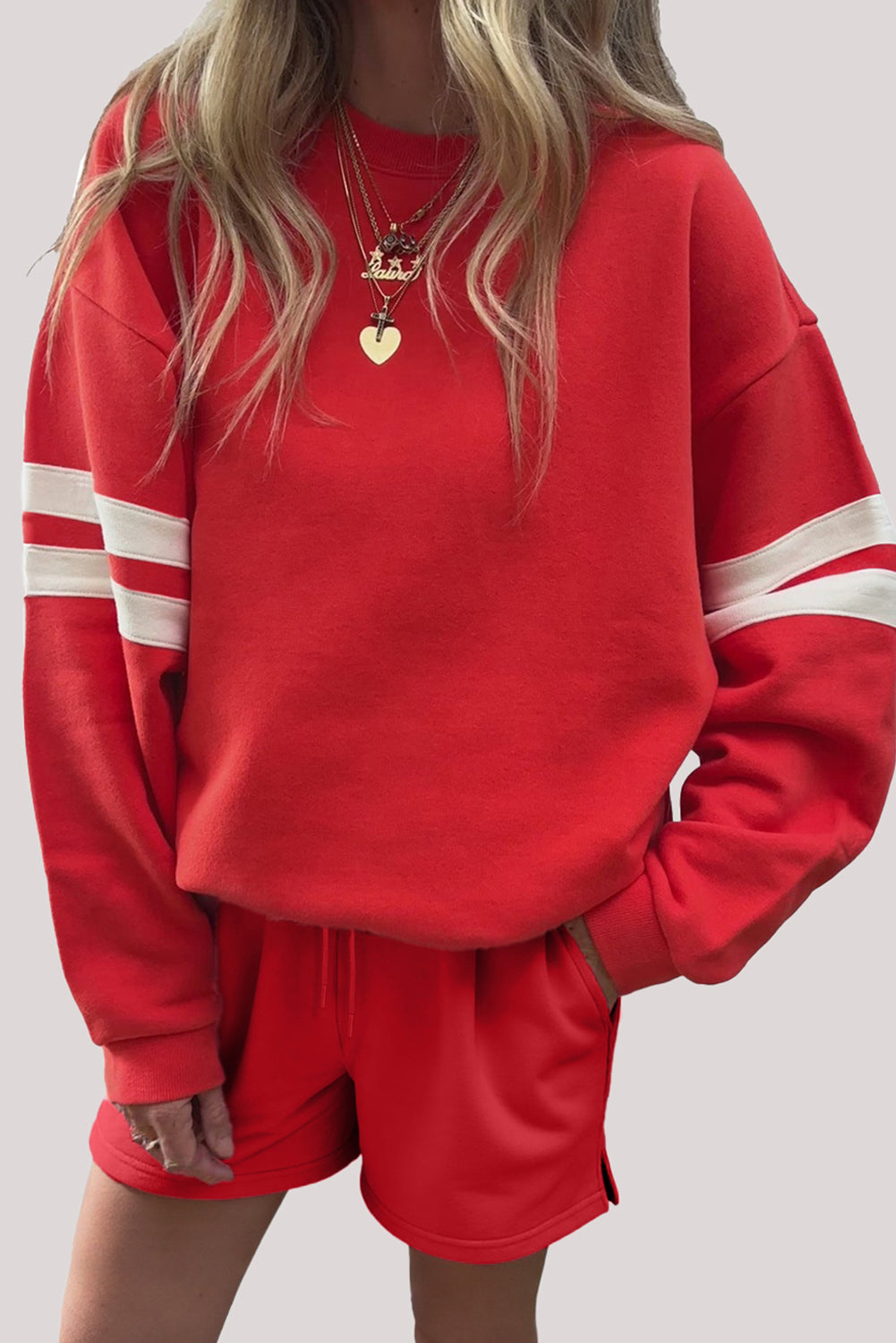 Orange Varsity Striped Sleeve Drop Shoulder Sweatshirt and Shorts Set 333e47340aa28867
