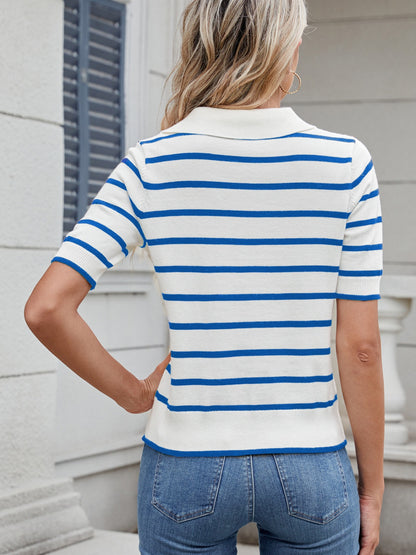 Striped Johnny Collar Short Sleeve Sweater