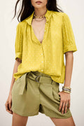 Yellow Cream Metallic Jacquard Short Sleeve Shirt Yellow Cream 100%Polyester 333eca0889594b85