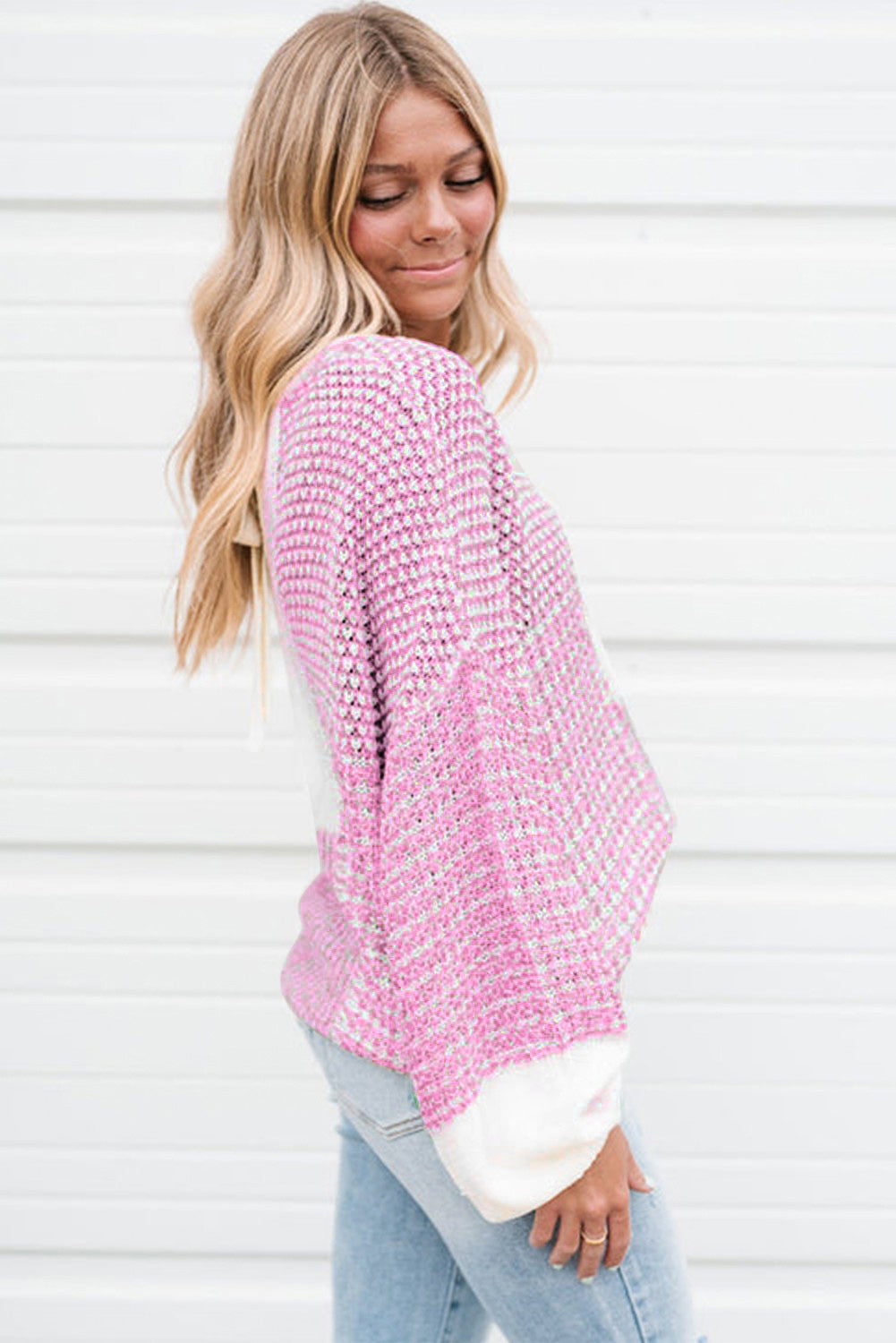 Pink Colorblock Tie Back Drop Shoulder Knit Sweater 333f4b20812ecea8