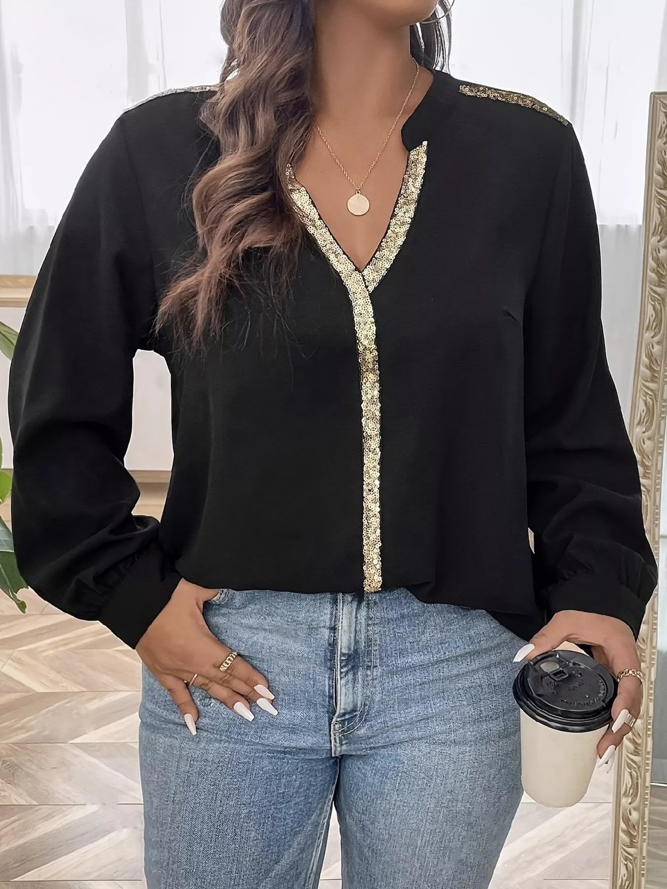 Sequin Trim Notched Long Sleeve Blouse 33440a3b84e54995827d68d944ae80ed-Max-Origin