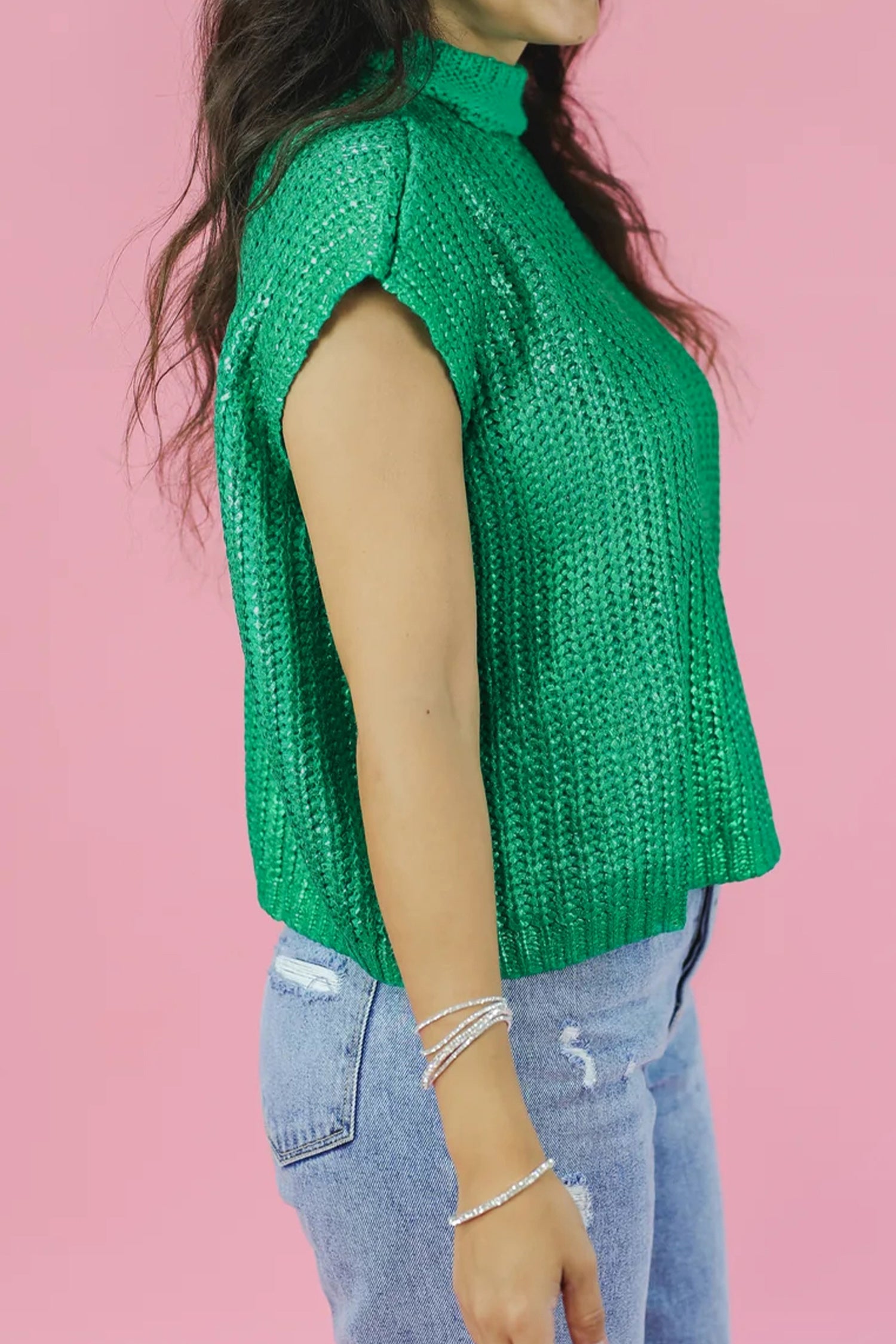 Bright Green Solid Color Knit High Neck Short Sleeve Sweater 334557b5ad5add30