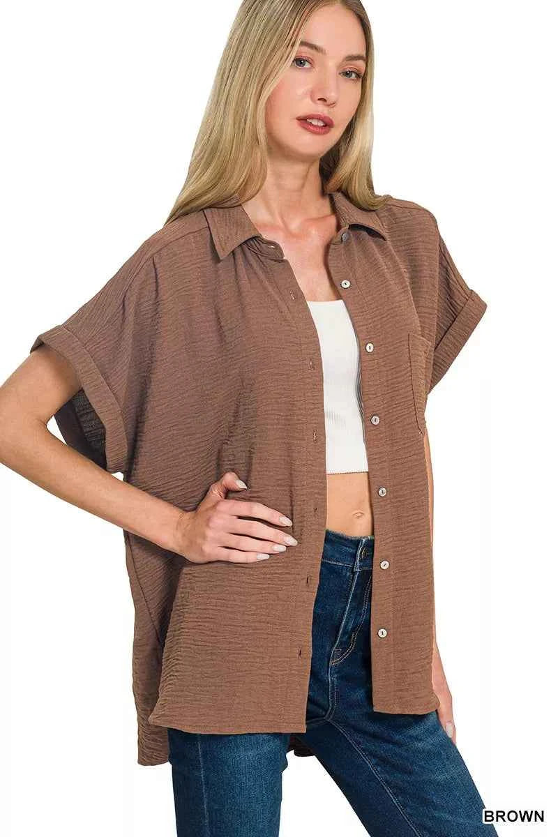 Zenana Woven Airflow Button Down Shirt 33487de79c7b47c0aeb31f4b87431985-Max-Origin
