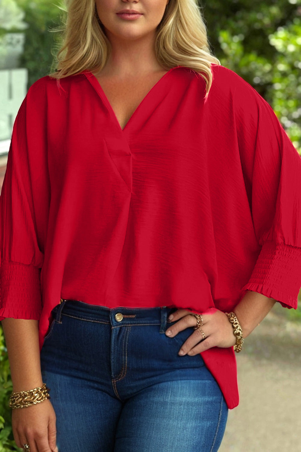 Fiery Red Plus Size Shirred Cuff Dolman Oversized Tunic Blouse 334af1b4f2c7cb4b