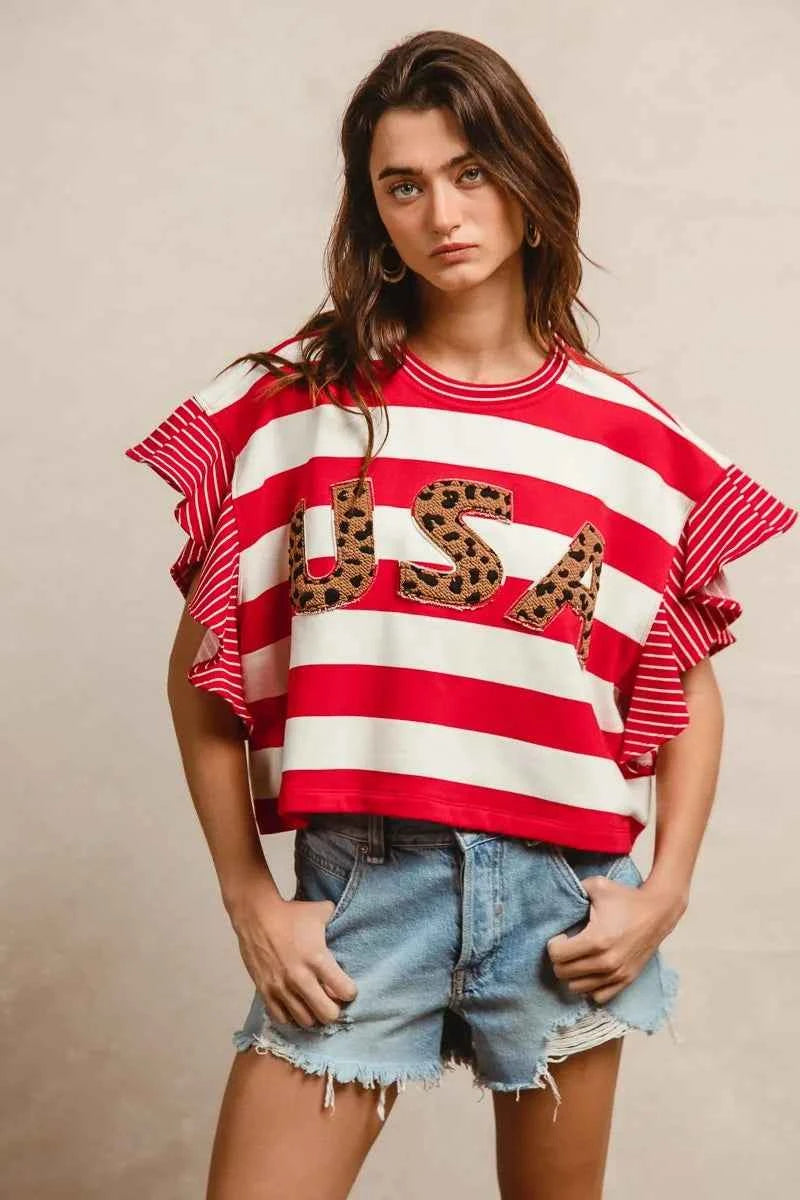 BiBi Stripe Mixed Ruffle Sleeve Top With Leopard Letter 33501da49d1646819079db4c529f4b3a-Max-Origin