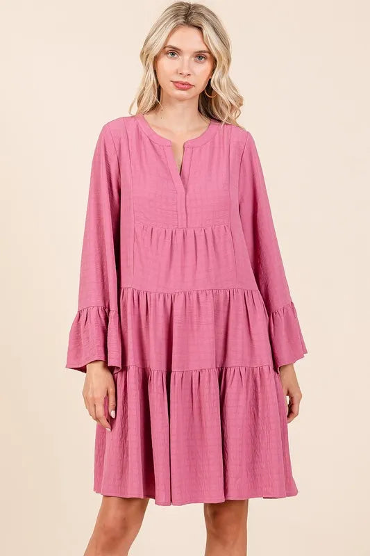 Mittoshop Tiered Notched Flare Sleeve Dress Rose 33560d49-b91e-4bd1-b7ae-6bb7cfb048ab-Max