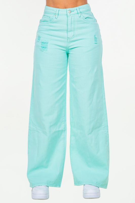 American Bazi High Waist Distressed Wide Leg Jeans Mint Blue 335e83e5-3ea3-4d8a-a575-1c4a1f22128d-Max