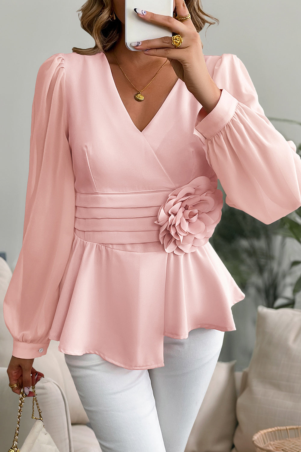 Gossamer Pink 3D Flower Lantern Sleeve Elegant Blouse Gossamer Pink 3366b83b5f6dc0ee
