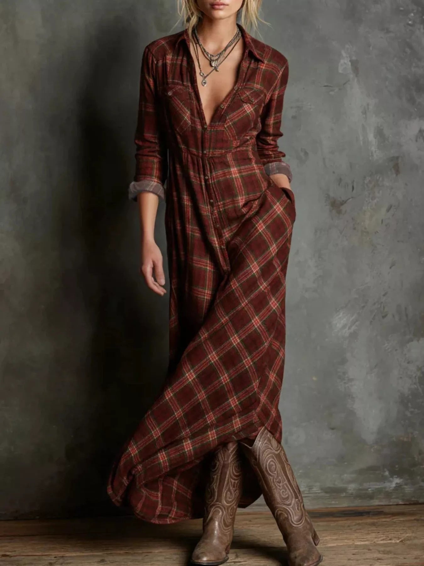 Plaid Button Front Maxi Shirt Dress Red 3366c8bc17c24d6f8bd0121e8045d849-Max-Origin