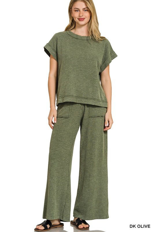 Zenana Washed Slub Short Sleeve Tee & Long Pants Set DK OLIVE 336acd29602e4ae2b2441c9e6d244c0f-Max