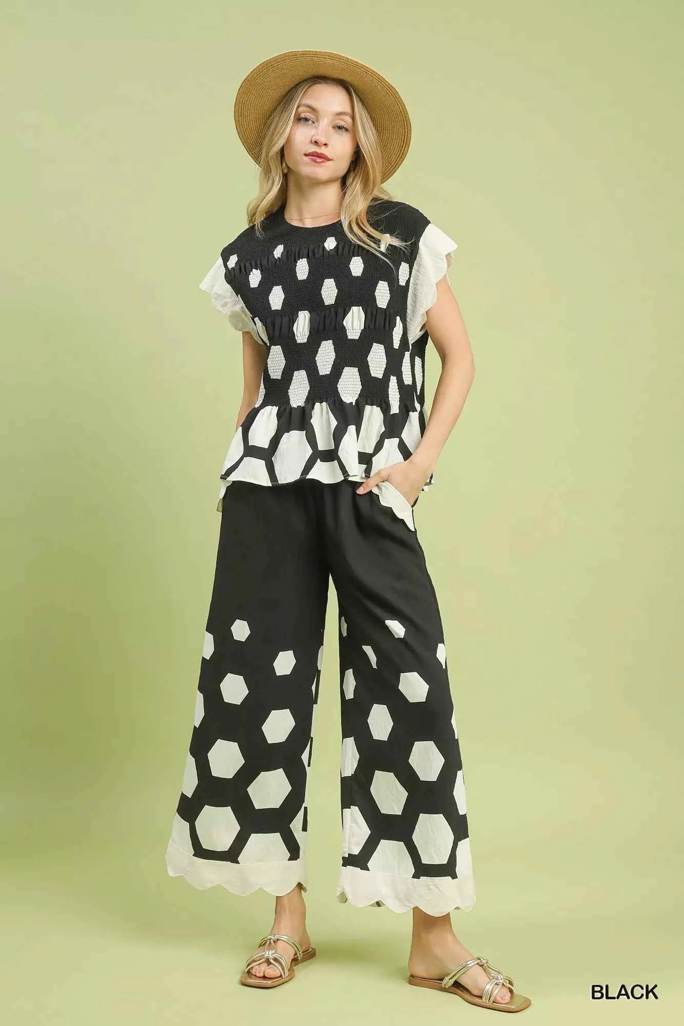 Umgee Hexagon Print Peplum Top 336f076a-7a0a-481e-b7a2-6f700b5adc2b-Max-Origin