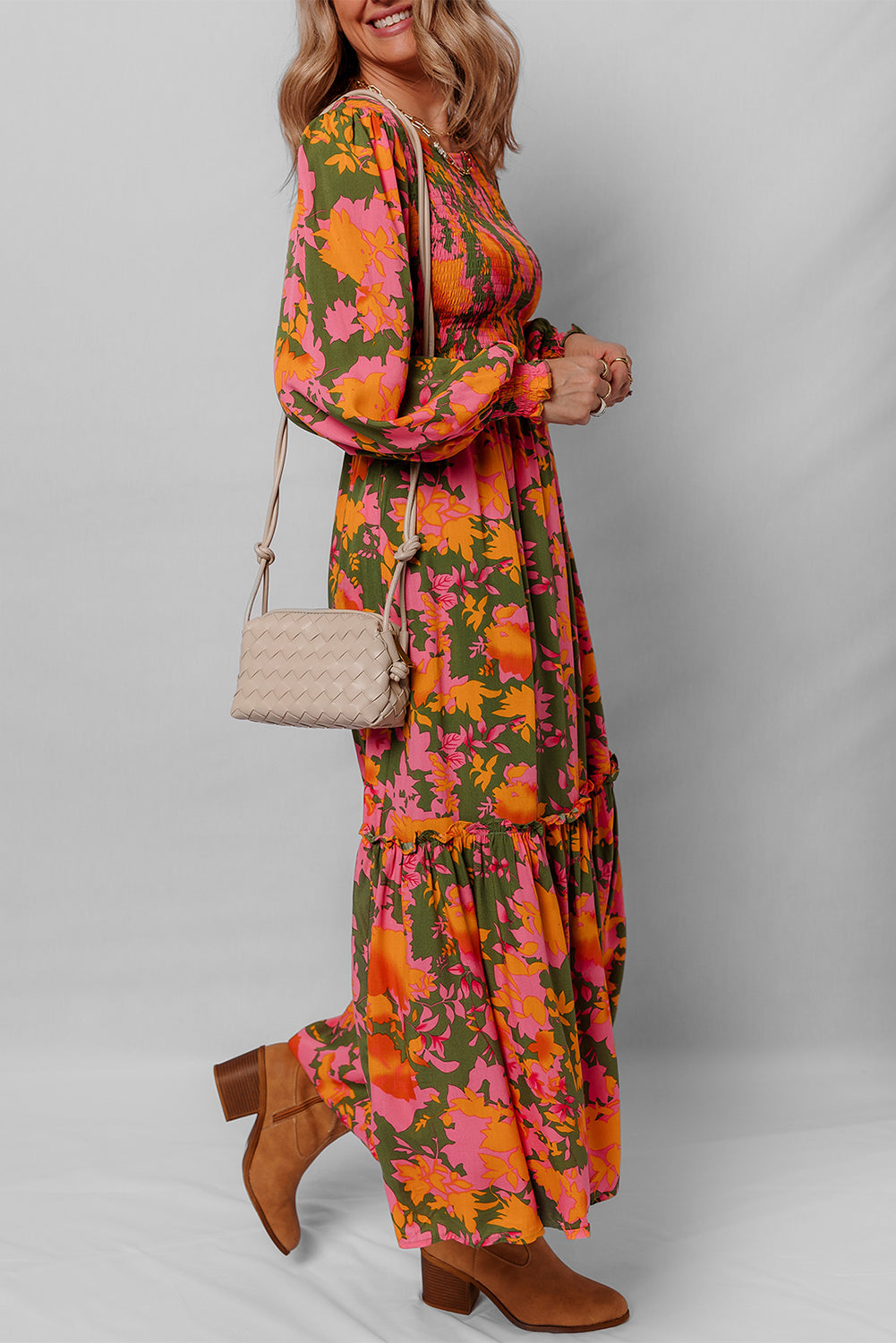 Orange Floral Puff Sleeve Smocked Bodice Frill Tiered Dress 33727f48cb303358