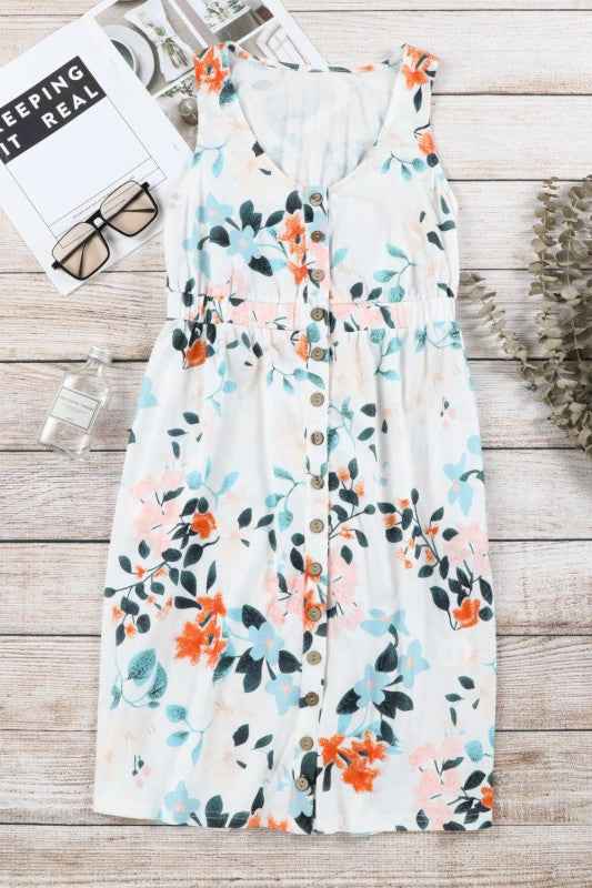 Floral Sleeveless Button Up Waist Mini Dress 3372be79-2209-4d8d-bd56-53e104b7300f
