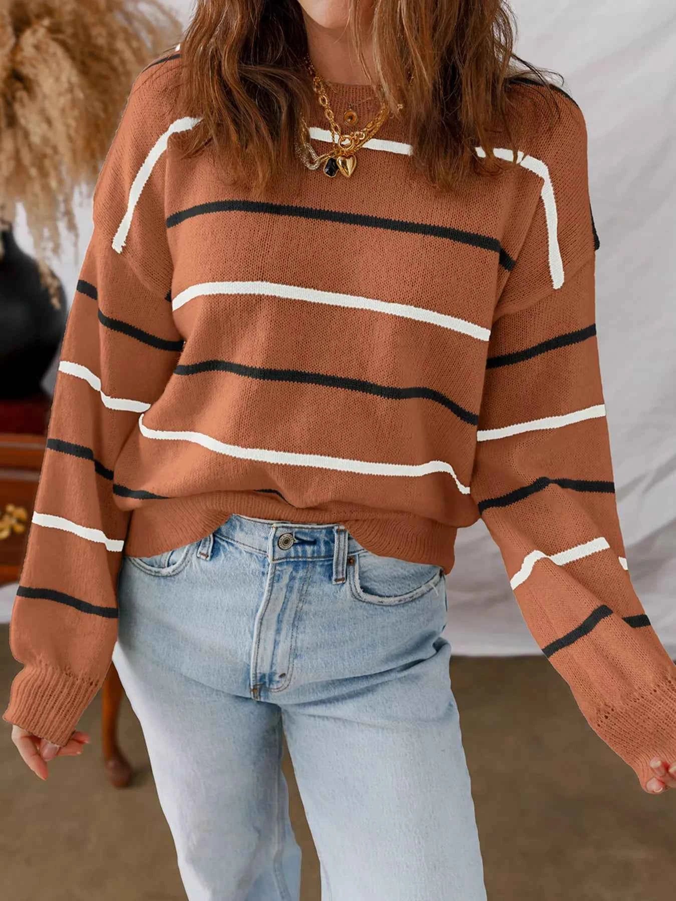 Stripe Striped Ribbed Edge Drop Shoulder Sweater Caramel 33749c35c2e5429ba3b9c1766edc1dfb-Max-Origin