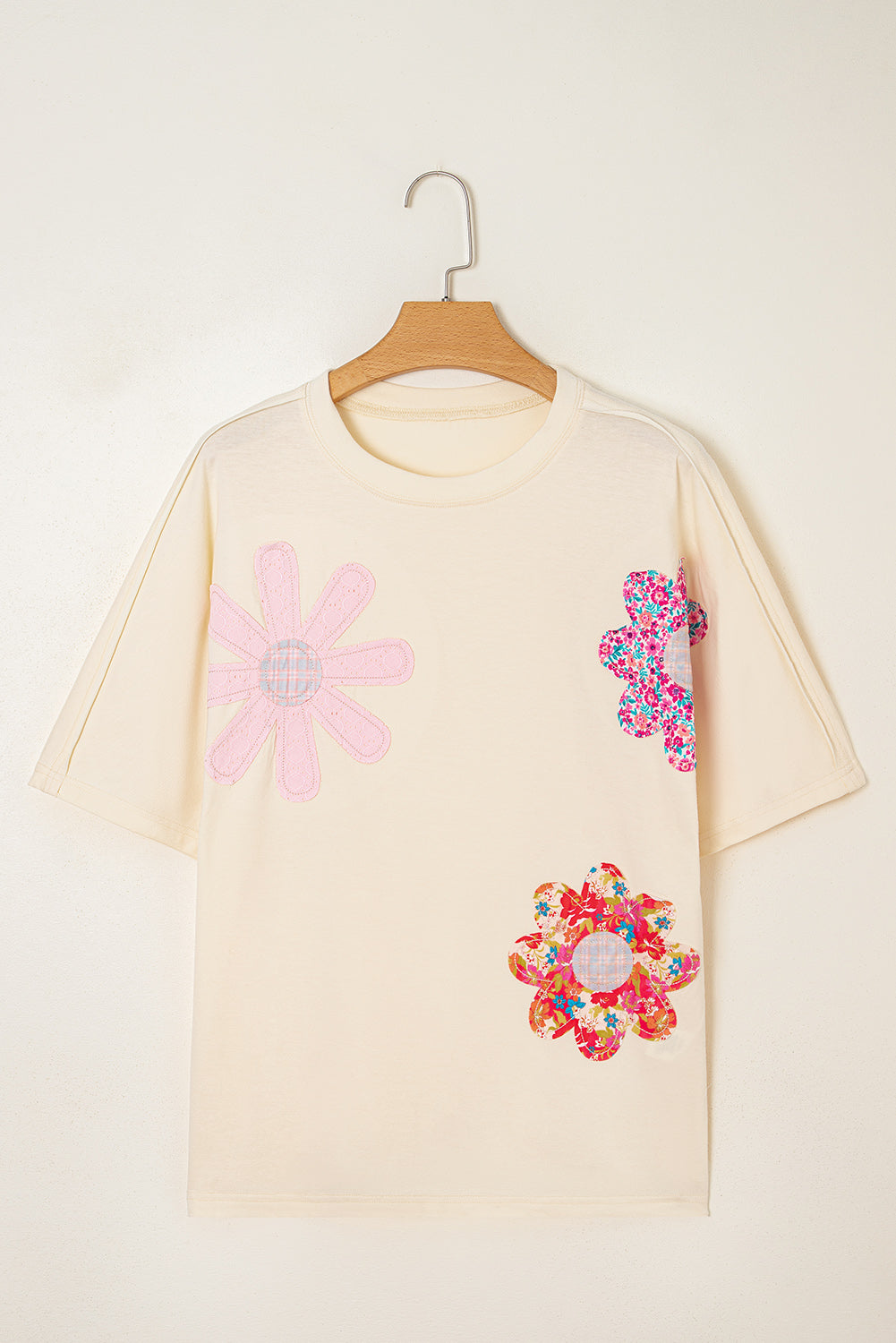 Sky Blue Flower Patched Exposed Stitching Trim Loose Tee 337584d30bc64fef