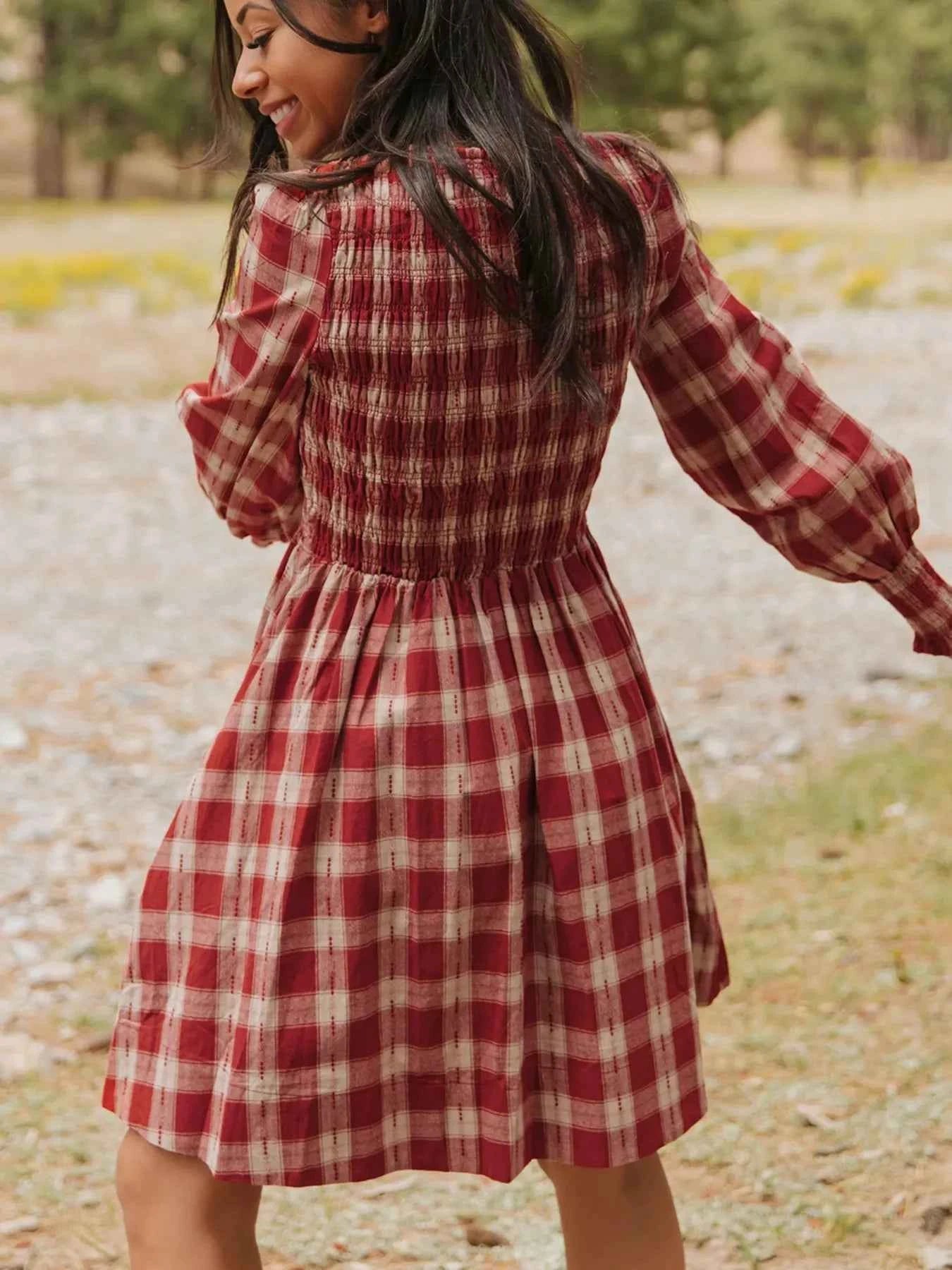 Plaid Smocked Long Sleeve Mini Dress 337c10f1-42a5-4f8d-9bbd-edb929158cb9-Max-Origin