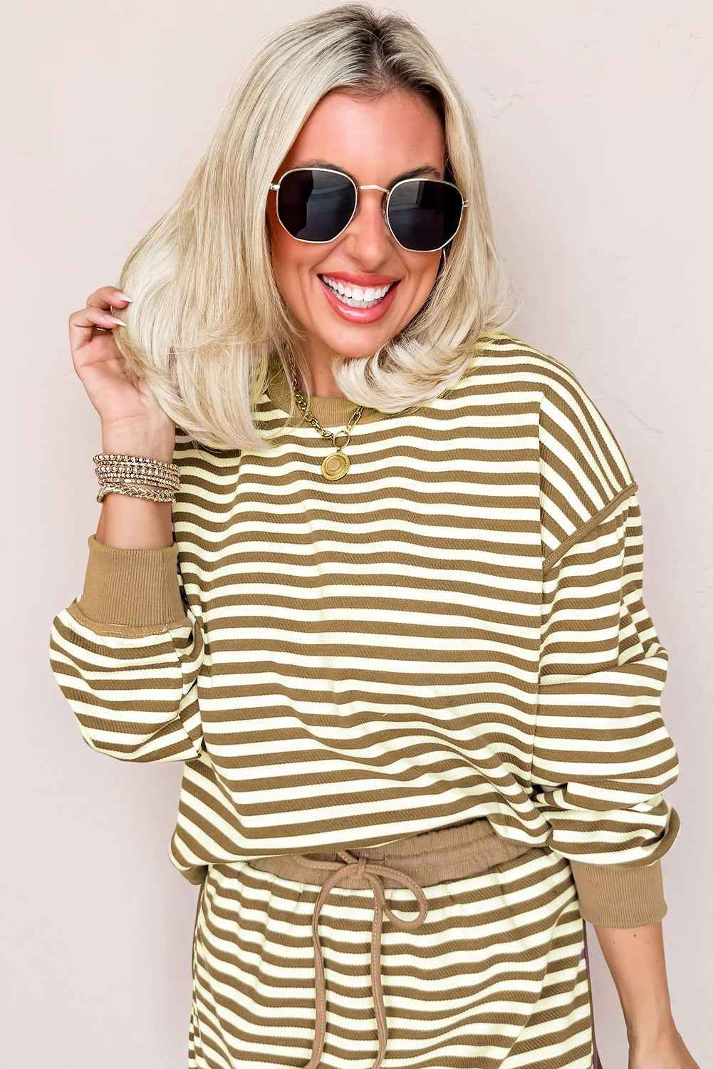 Black Stripe Textured Drop Shoulder Pullover Top Drawstring Mini Skirt Two Piece Dress Set 337e55a452d79c51