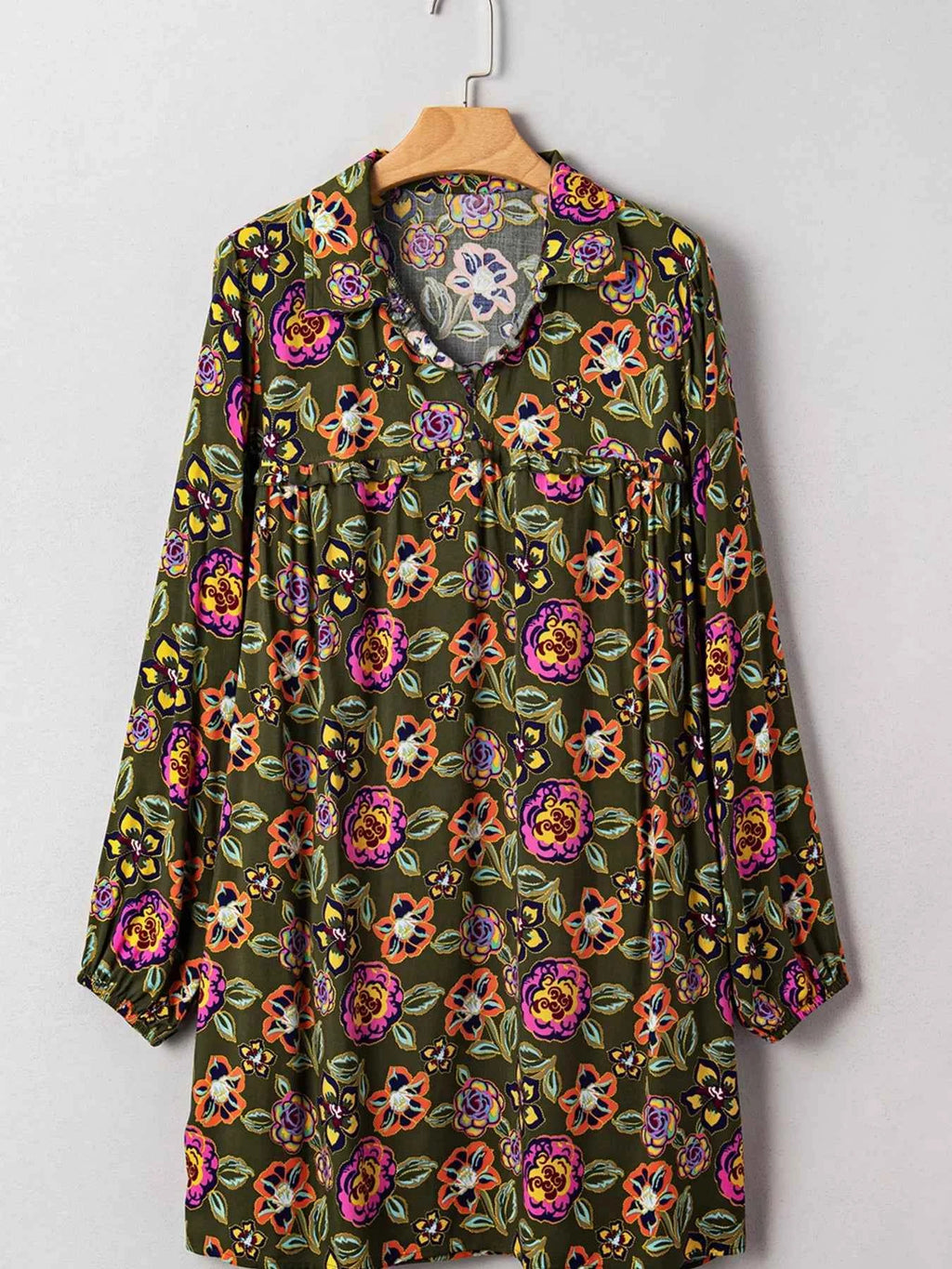 Floral Print Split Neck Bubble Sleeve Shift Mini Dress 3387347cebb14361afad839c9f93868a-Max-Origin