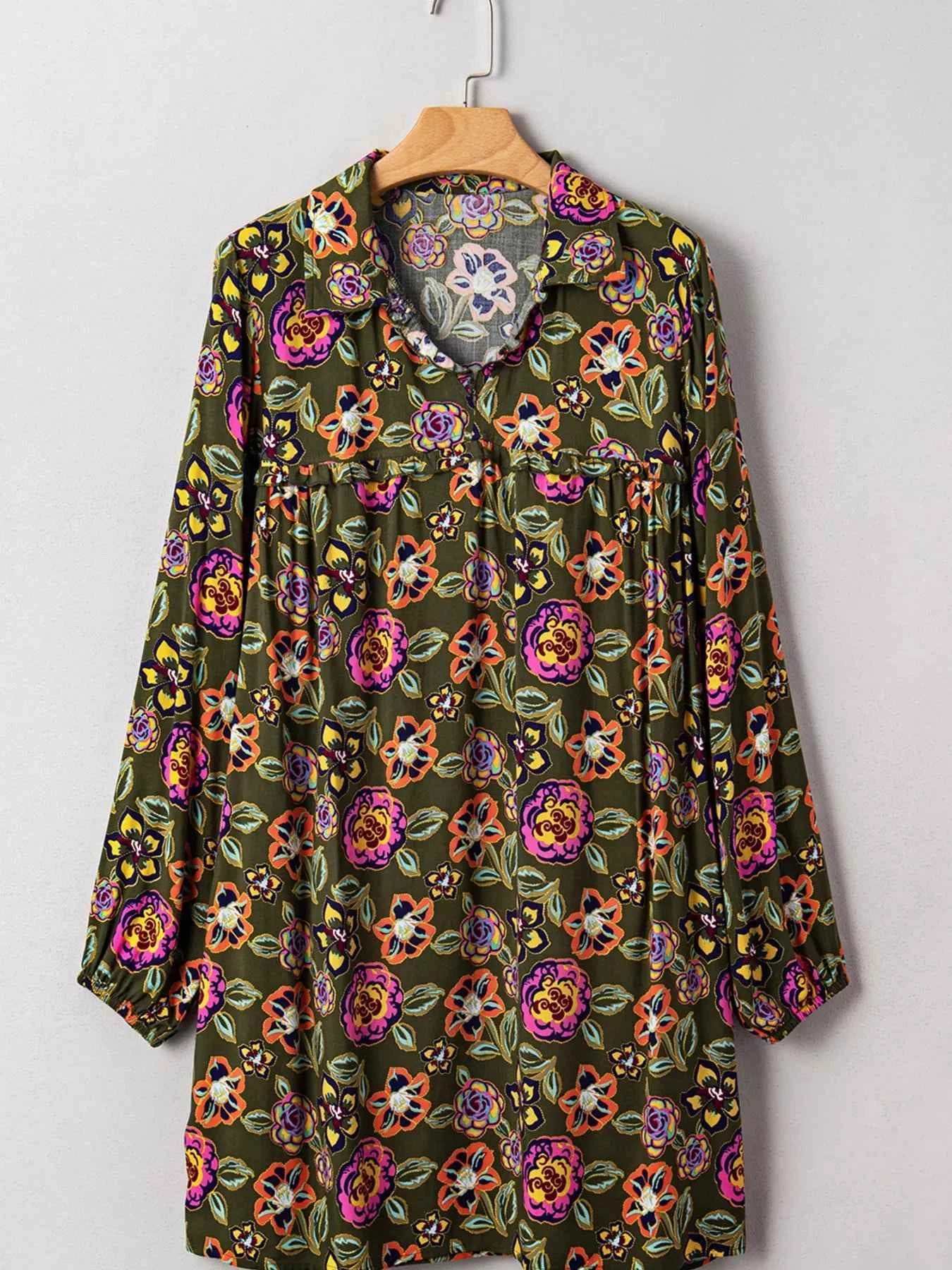 Floral Print Split Neck Bubble Sleeve Shift Mini Dress 3387347cebb14361afad839c9f93868a-Max-Origin