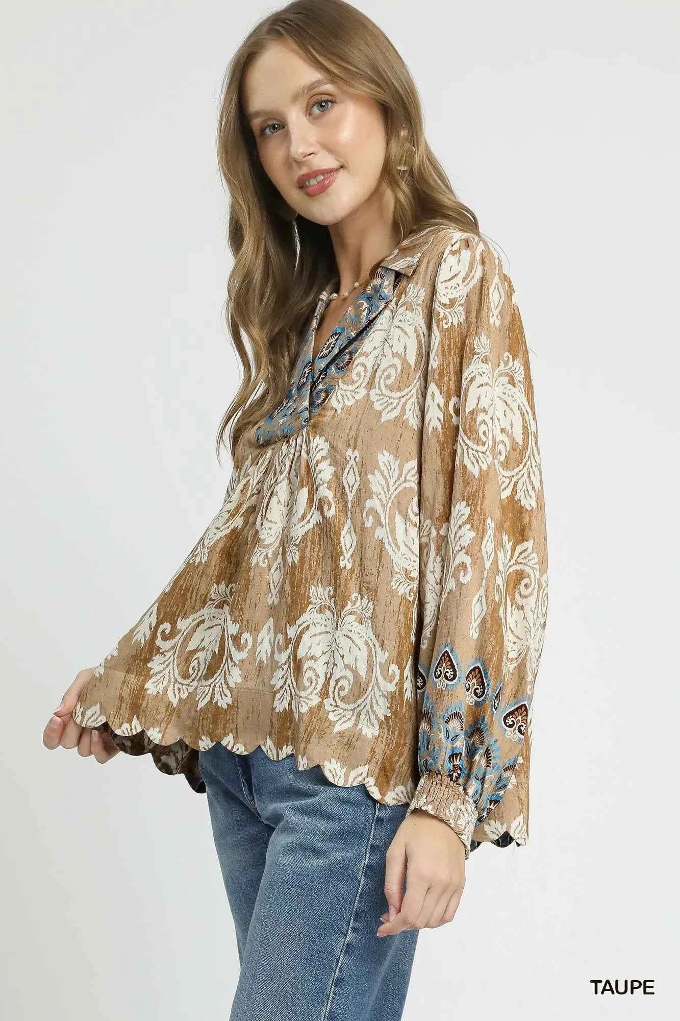 Umgee Floral Boho Blouse with Scalloped Hem 33887f38-e2e4-4206-90eb-f976dbfce272-Max-Origin