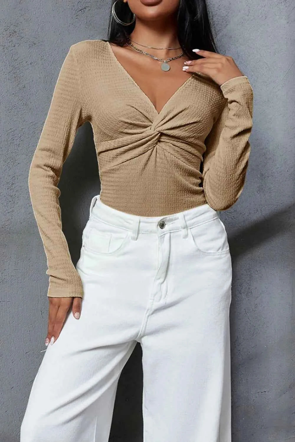 Twisted V-Neck Long Sleeve Blouse 33893057-387b-4f34-800f-1b6262992fec-Max