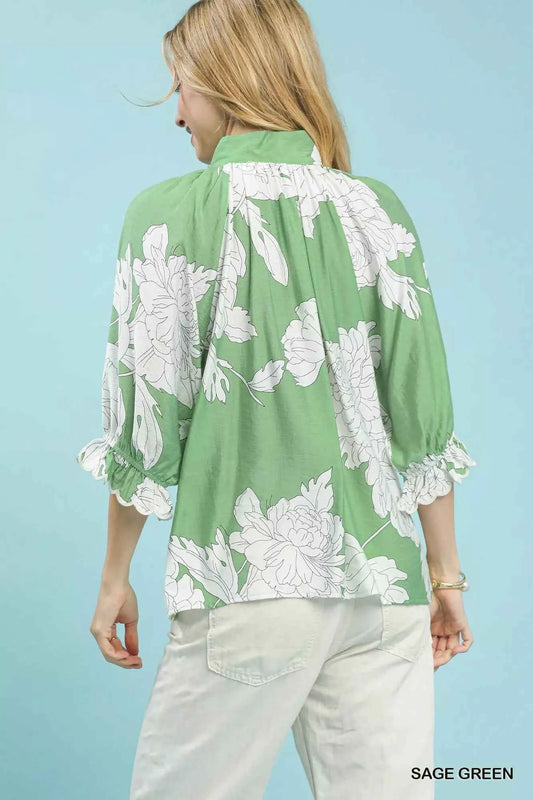 Peony Illustration Print Flounce Sleeve Blouse 338ed703-ef1b-4172-aa65-7173a7838777-Max-Origin