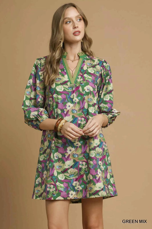 Boho Floral Balloon Sleeve Mini Dress GREEN MIX 3390e7bb-b6a8-46cb-8bef-471f0247afca-Max-Origin
