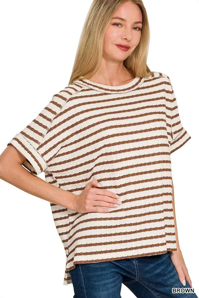 Zenana Stripe Jacquard Round-Meck Tee BROWN 3390ed9fc0e54db48cb34b067ae43545-Max-Origin