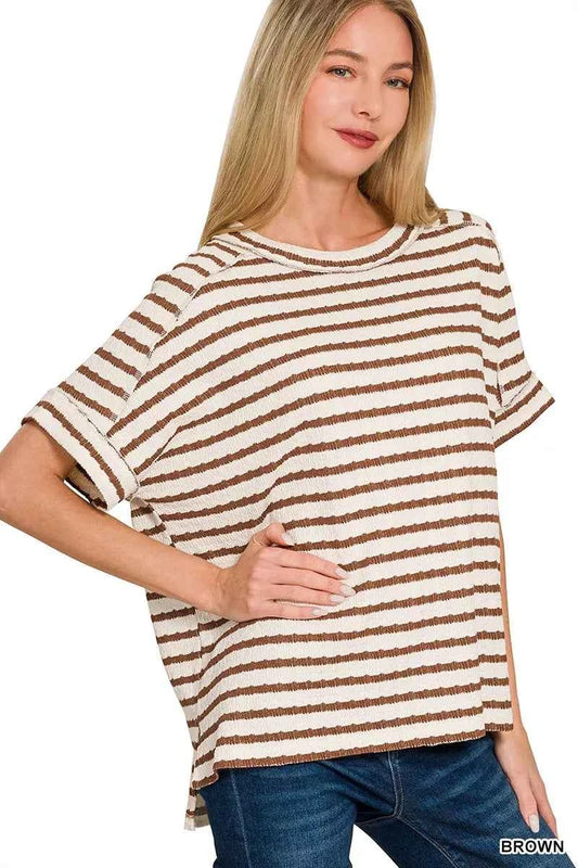 Zenana Stripe Jacquard Round-Meck Tee BROWN 3390ed9fc0e54db48cb34b067ae43545-Max-Origin