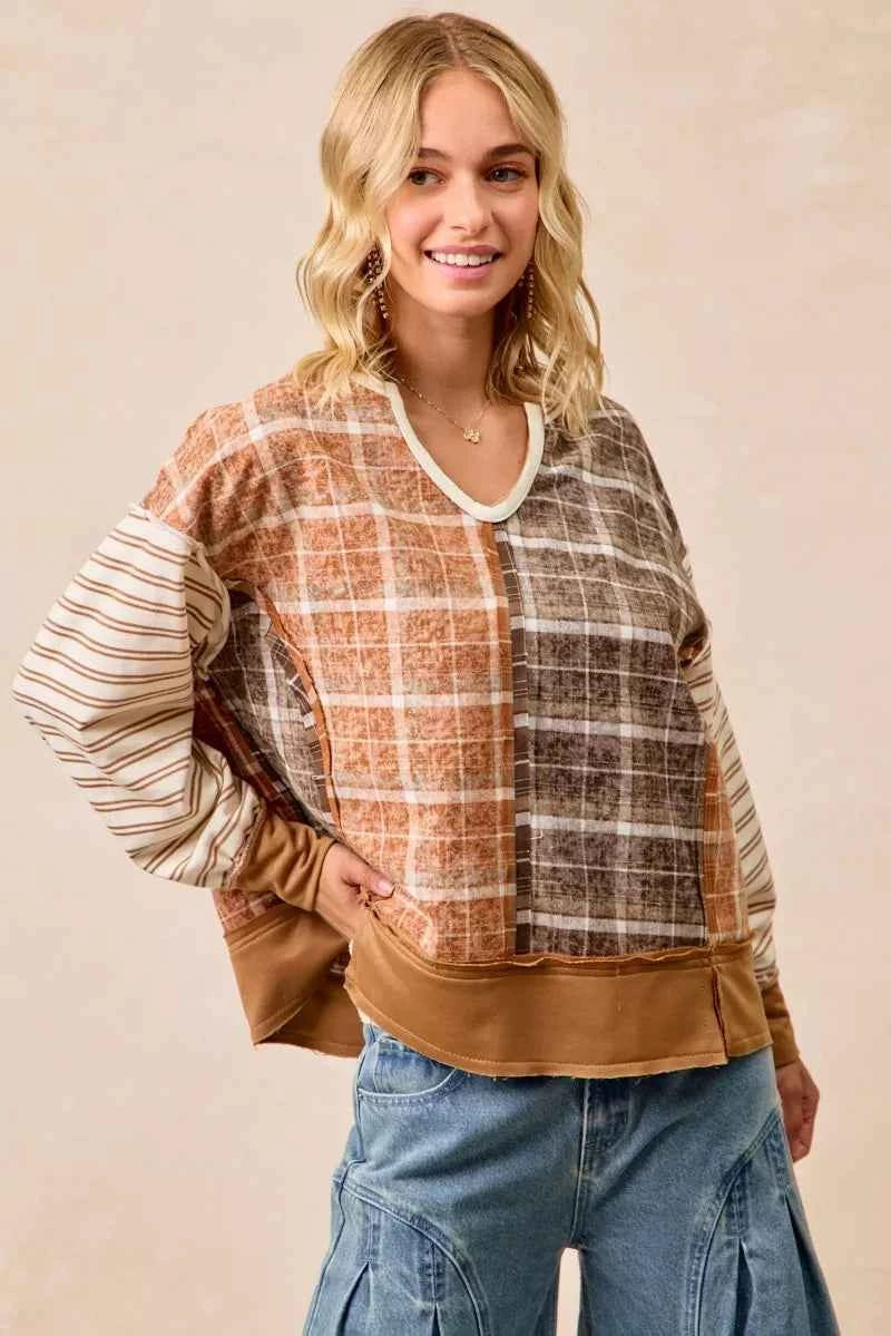 BiBi Plaid And Stripe Mix And Match Top With Open Seam 33914c00af2a4440af0a22384b2cecbb-Max-Origin