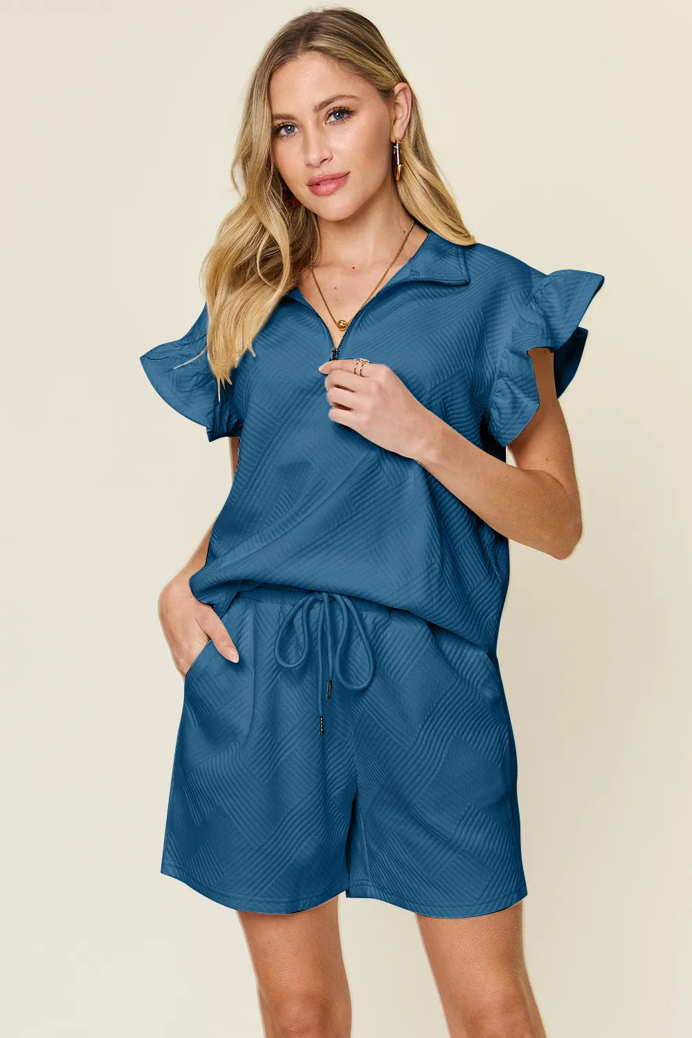 Double Take Full Size Texture Flounce Sleeve Top and Drawstring Shorts Set French Blue 339188ca-d0c3-4a15-aa46-2d20df6e7e4c-Max