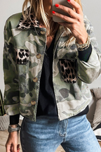 Green Camouflage Leopard Patchwork Flap Pocket Collared Jacket Green 95%Cotton+5%Elastane 3393e49211fc36f3