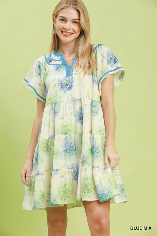Floral Print Contrast Trim Tiered Babydoll Dress BLUE MIX 339c7ace-48ec-4a69-9cac-8bc0a220383f-Max-Origin
