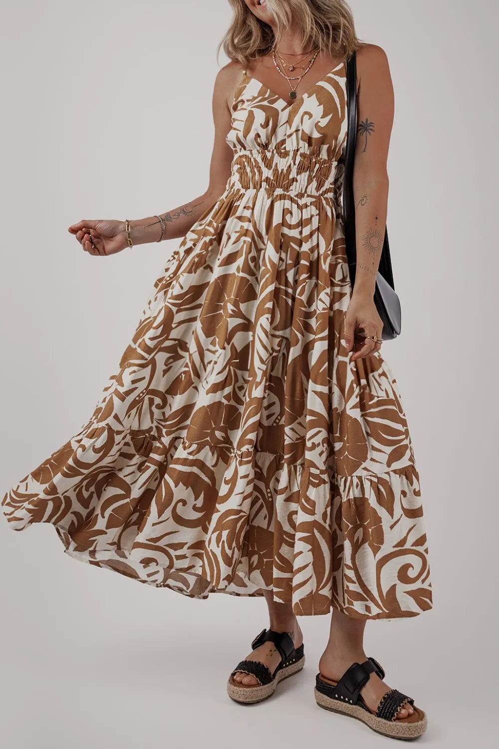 Floral Shirred High Waist Spaghetti Straps Dress 339f4864-b639-4777-8dd5-6b1421f0796e-Max-Origin
