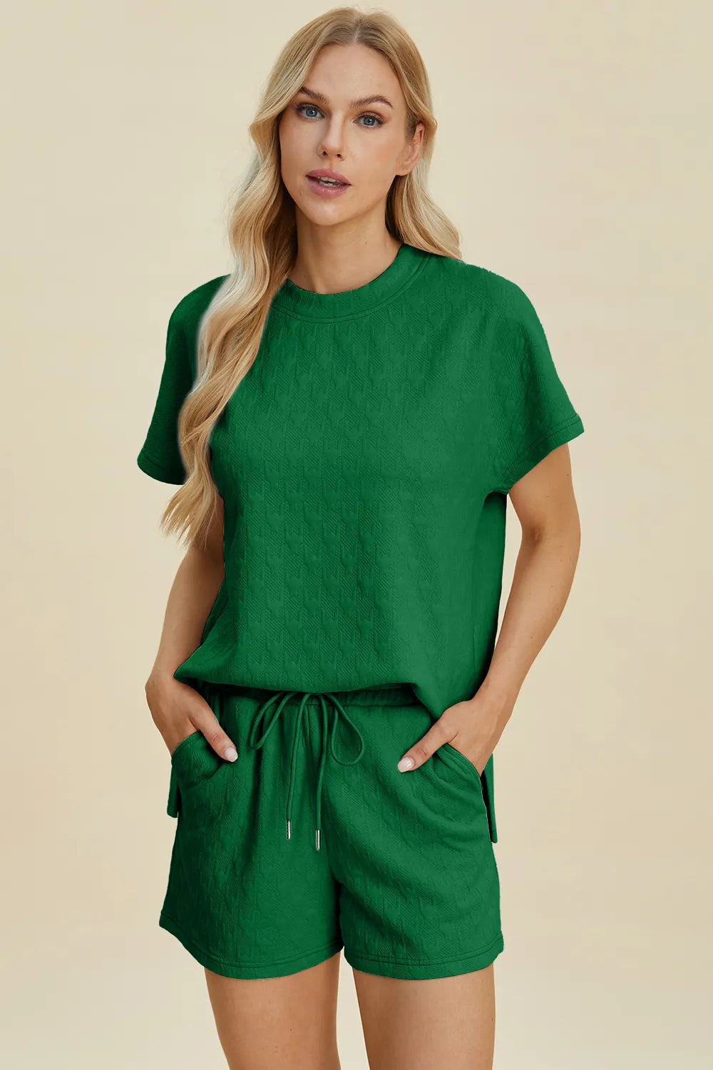 Double Take Full Size Texture Round Neck Short Sleeve Top and Shorts Set Dark Green 33a32bfa-dcf1-4e4e-8efc-03191d12e31a-Max