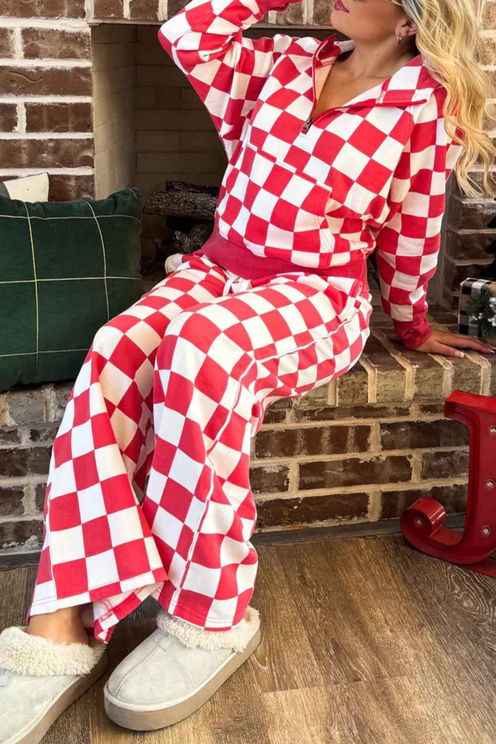 Red Checkered Print Half Zip Hoodie Loose Pant Set Red 100%Polyester 33a6f6c92ccbf2ad