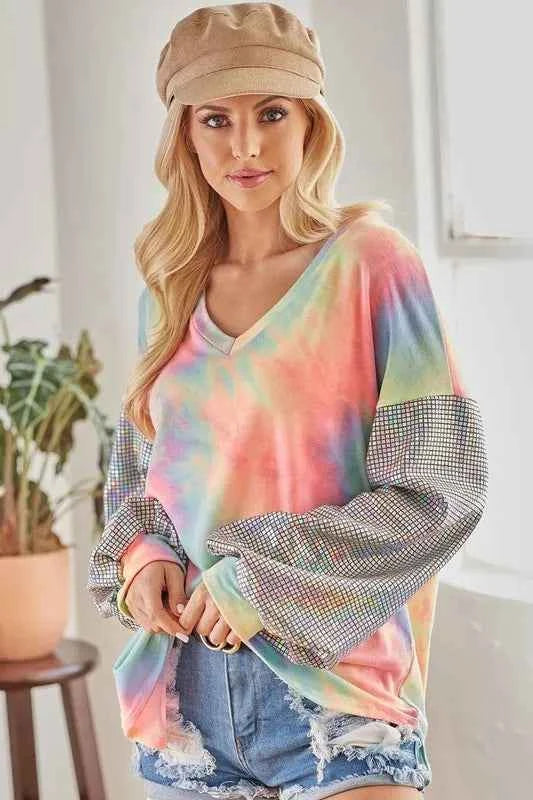 BiBi V Neck Tie Dye French Terry Top with Shiny 33a8a64f70314e5a885099125e6d1e1c-Max-Origin