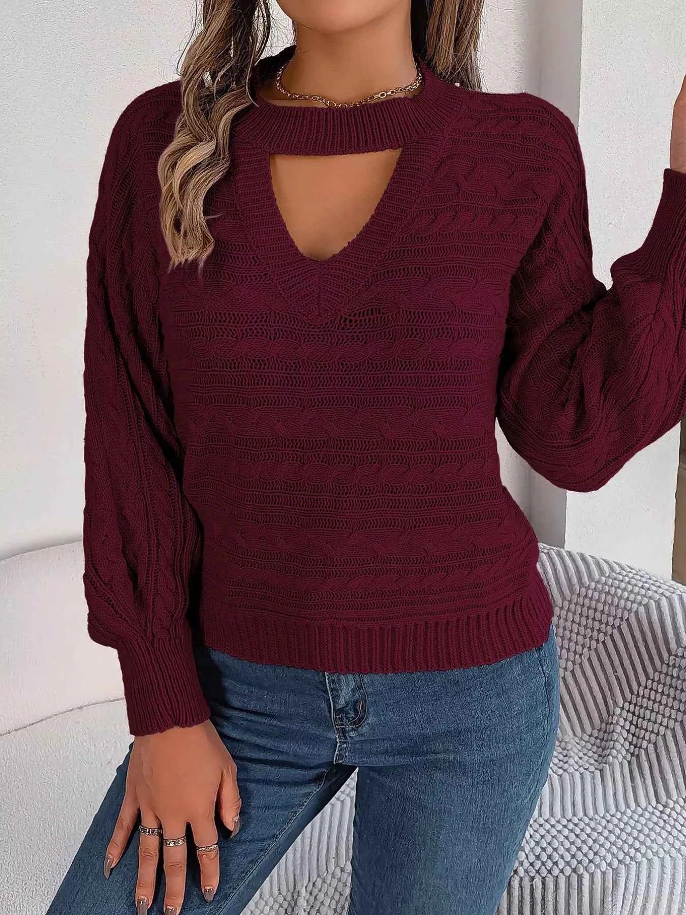 Cable-Knit Cutout Round Neck Sweater 33b7fe35-5abf-4a02-9158-4206ecacfd40-Max-Origin