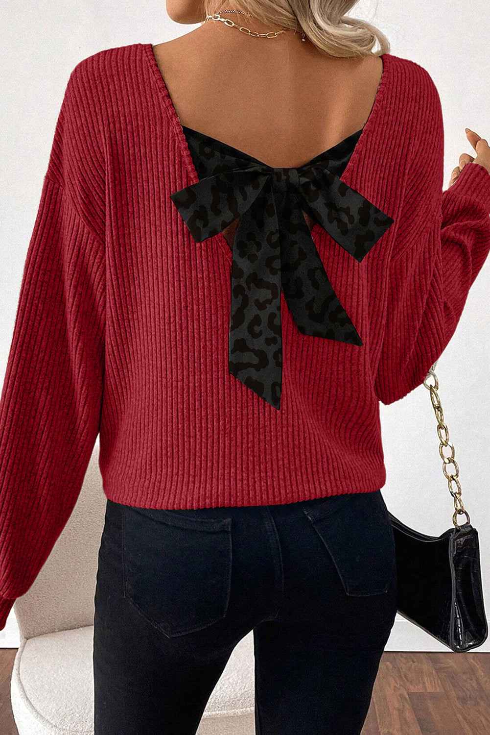 Racing Red Leopard Back Bow Ribbed Top Racing Red 95%Polyester+5%Elastane 33baf015c0182b21
