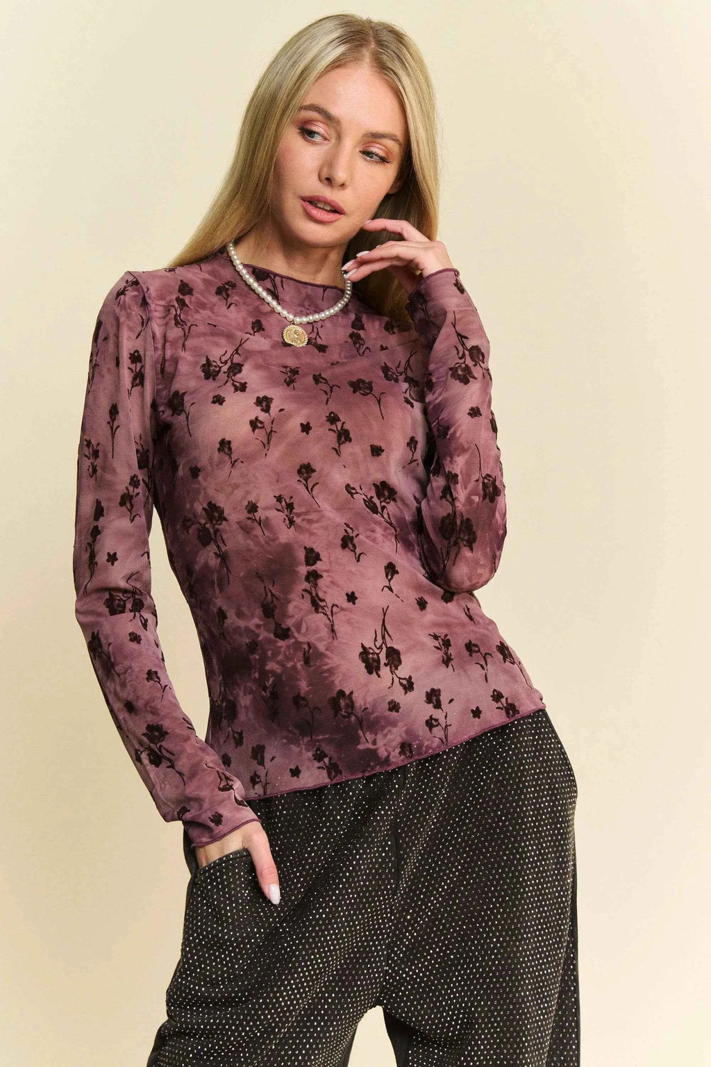 Davi & Dani Floral Mesh Long Sleeve Sheer Layering Top BURGUNDY 33bc2d1dac6249f7bc7b690691ad54bb-Max-Origin