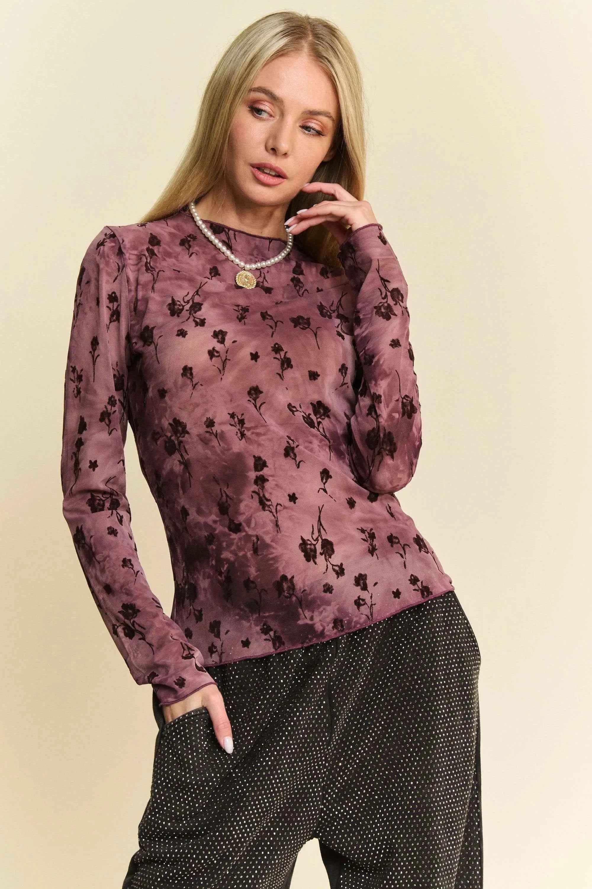 Davi & Dani Floral Mesh Long Sleeve Sheer Layering Top BURGUNDY 33bc2d1dac6249f7bc7b690691ad54bb-Max-Origin