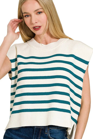 Oversized Crew Neck Stripe Sweater Vest TEAL 33bceeb9-519e-401e-aa89-cd2013473f71-Max-Origin