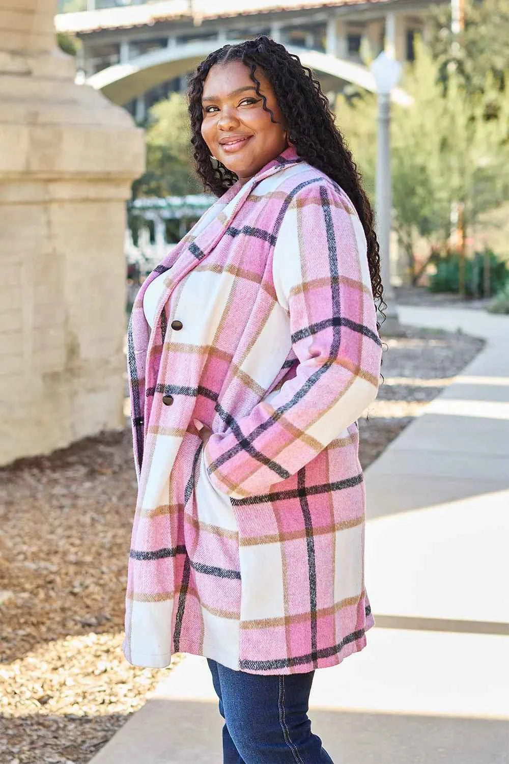 Double Take Full Size Plaid Button Up Lapel Collar Coat 33bec4e977af4e469178bfa88dc2e55e-Max